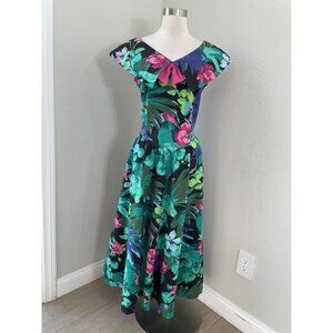 Vintage Lanz Originals Dress Womens 12 Black Floral Cotton Pockets Made USA Midi